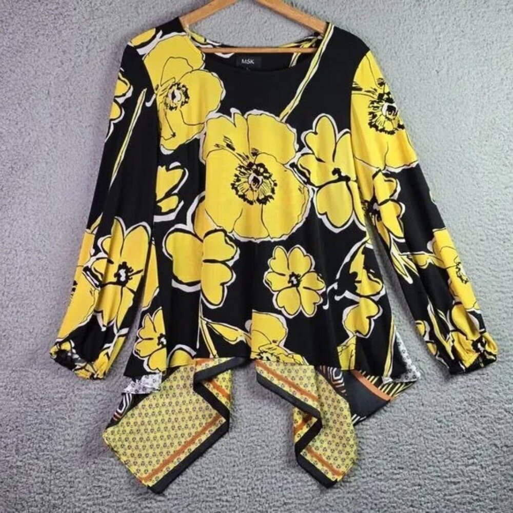 MSK Dopamine Tunic Roomy Yellow Floral Patchwork Jersey High Low Statement Flowy